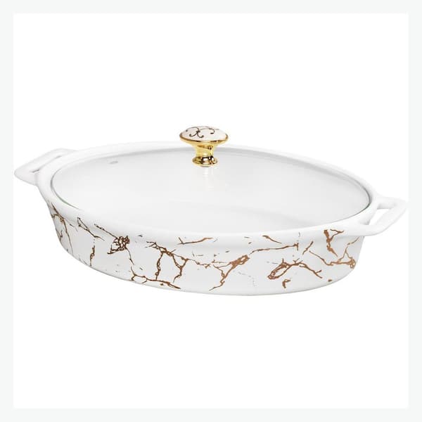 Vintage Palace Series 34oz Oval Ceramic Baking Dish with Glass Cover, Gold-Plated Porcelain Bakeware, 1 Piece