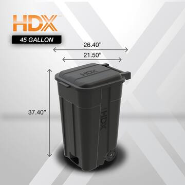 45 Gal. Black Outdoor Vented Trash Can with Wheels, Attached Lid, Rounded Handles, and Reinforced Foothold