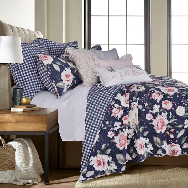 LEVTEX HOME Fiori 3-Piece Charcoal Blue, Pink Floral/Checked Cotton  King/Cal King Quilt Set L17951KS - The Home Depot