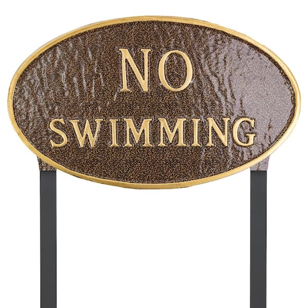 Montague Metal Products 10 in. x 18 in. Large Oval No Swimming Statement Plaque Sign with Lawn Stakes - Hammered Bronze