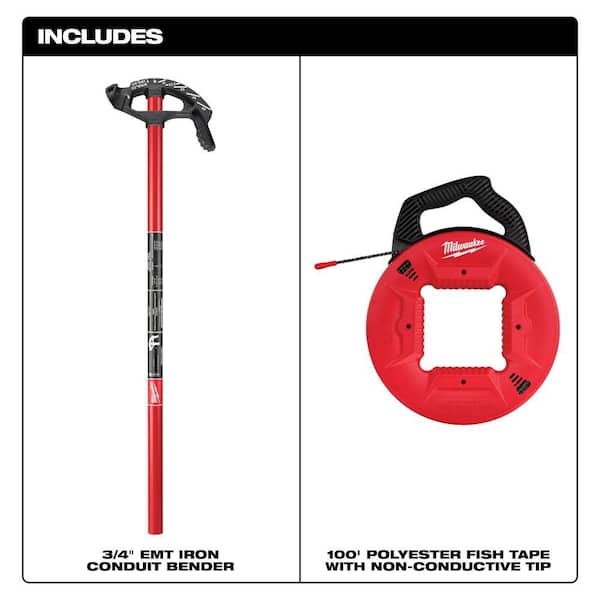 3/4 in. Iron Conduit Bender and Handle with 100 ft. Polyester Fish Tape with Non-Conductive Tip