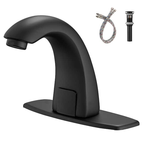 Automatic Sensor Touchless Single Hole Bathroom Sink Faucet with Deck Plate and Pop-Up Drain in Matte Black