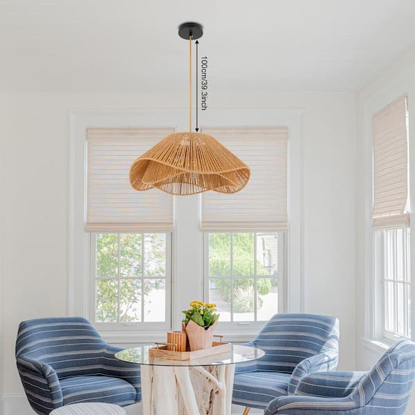 OUKANING 3-Light Yellow Bohemian Shaded Pendant Light with Hemp