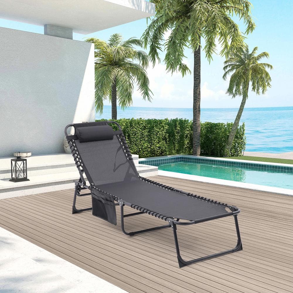 Set of 2 Textilene Outdoor Folding Waterproof Lounge Chairs with Pillows an