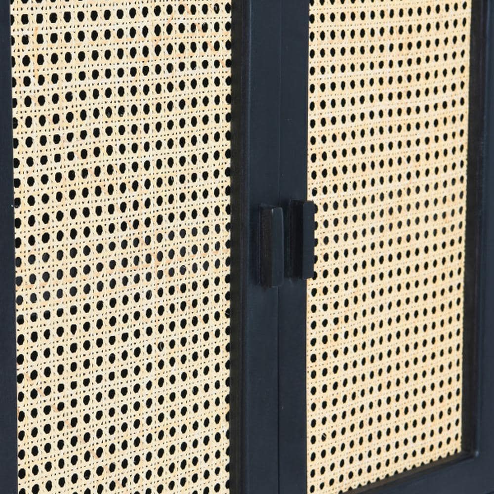 Black and Natural Solid Wood Bar Cabinet with Woven Cane Doors