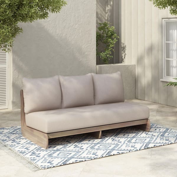 Bevis Modern Light Grey Solid Wood Outdoor Couch Patio 3 Seater Sofa with Taupe Cushions, Deep Seating
