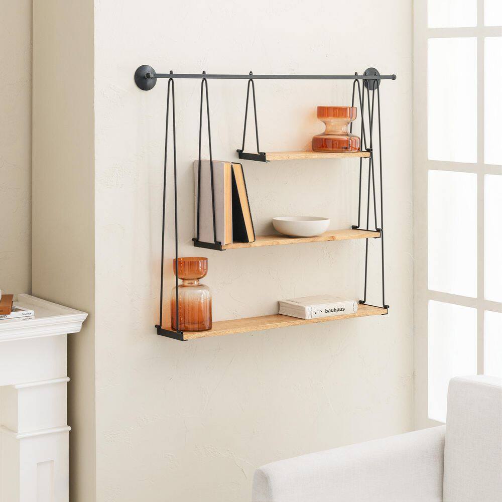 Sleek Scandinavian Black Iron & Wood 3-Tier Floating Shelf