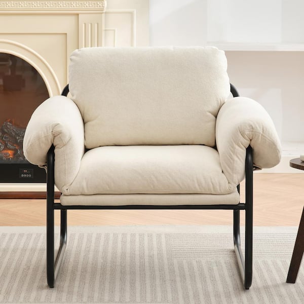 JEAREY Moore Metal Beige Lambswool Soft Cushion Arm Chair for Bedroom and Living Room