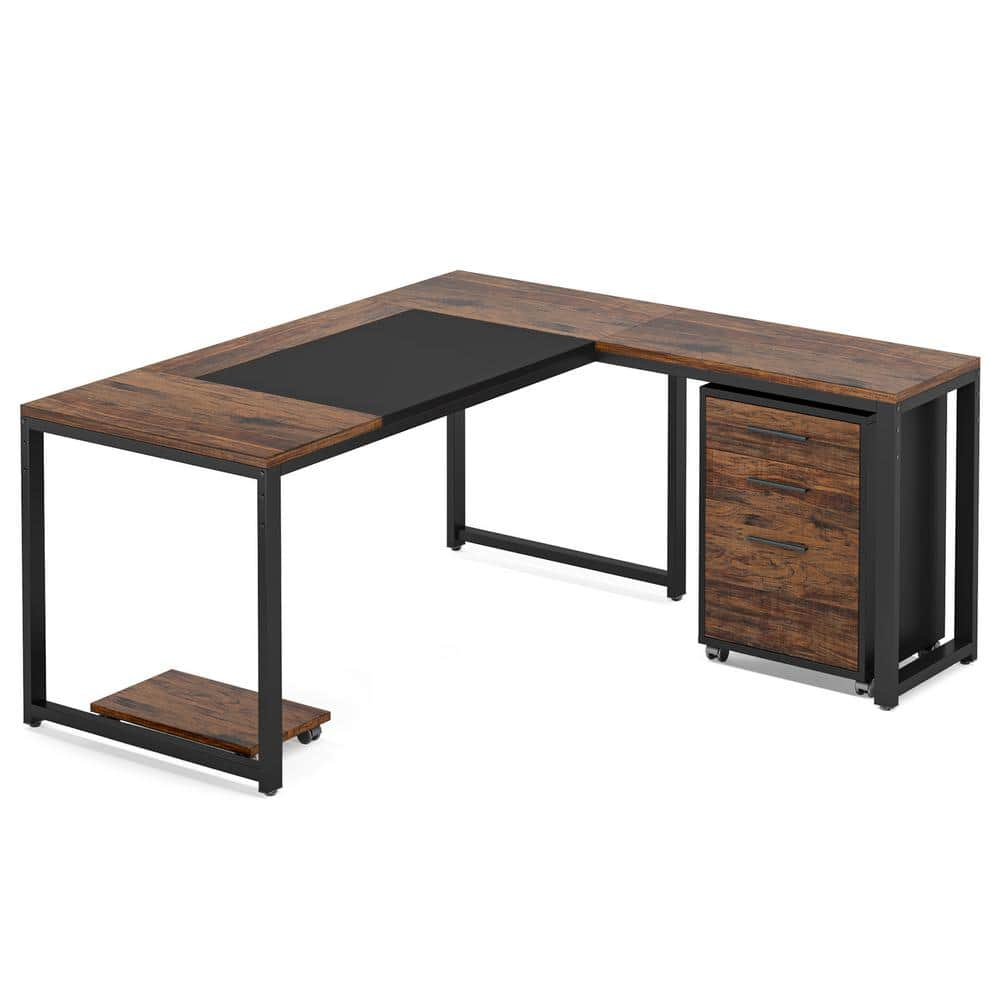 BYBLIGHT Lanita 63 In., L-Shaped Brown Wood Finish Computer Desk With ...