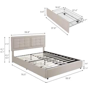 Upholstered Bed Frame Beige Metal Frame Queen Platform Bed with 4-Drawers, Headboard and Built-in USB and Type C Ports