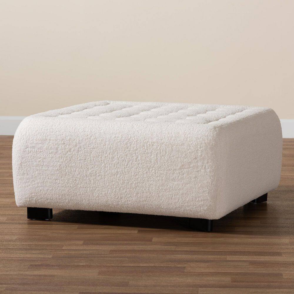 Ivory Boucle Upholstered Box Tufted Ottoman with Black Wood Legs