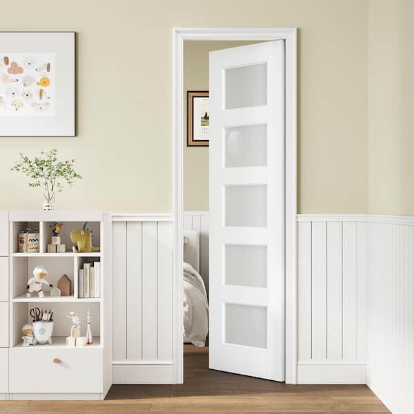 18 in. x 80 in. Solid Core 5-Lite Tempered Frosted Glass White Primed Glass Interior Door Slab