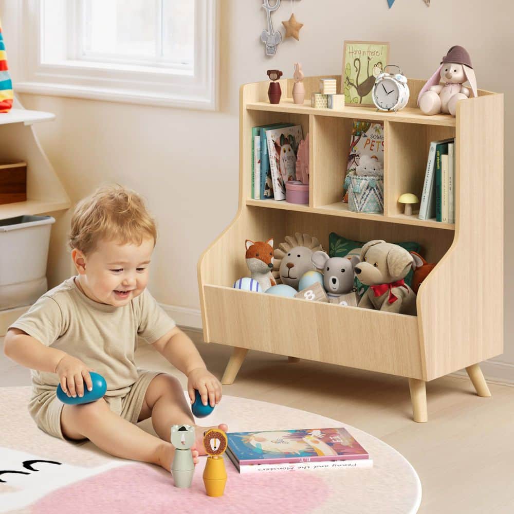 Natural Kids Bookshelf Display Organizer with Toy Storage and Solid Wood Legs for Bedroom