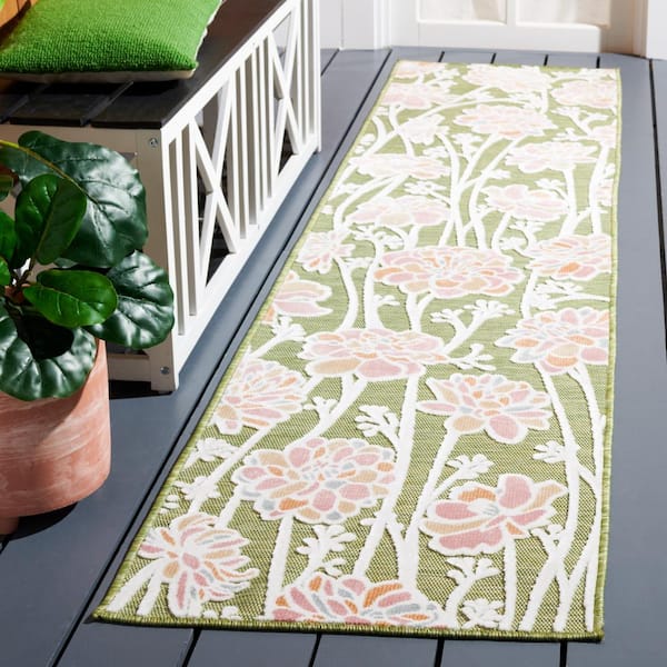 Cabana Green/Pink 2 ft. x 5 ft. High-Low Floral Abstract Indoor/Outdoor Runner Rug