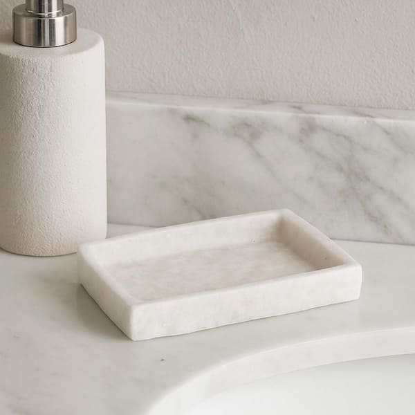 Stone Effect Freestanding Soap Dish Holder Cup Dispenser Tray White