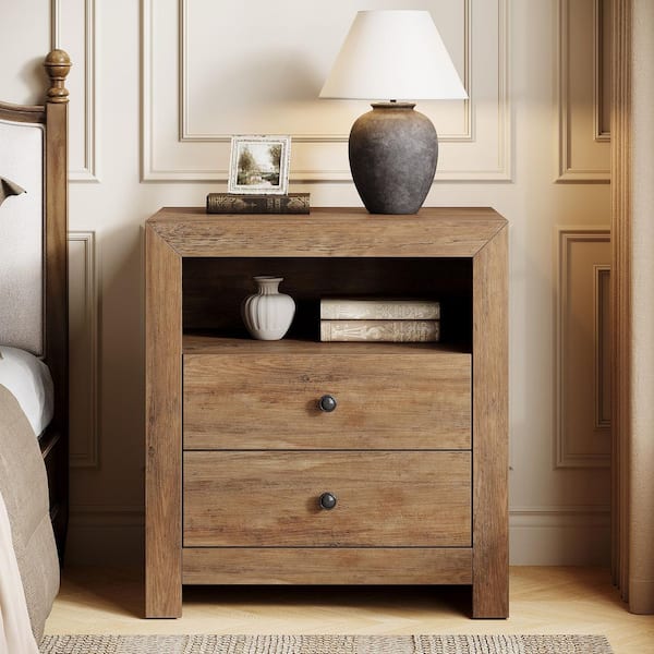BYBLIGHT Fenley Rustic Brown 2 Drawers 23.6 in. W Storage Wood Nightstand Set of 2, Rustic Bedside Table with Open Shelf
