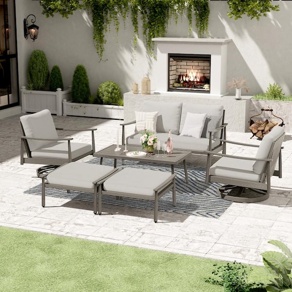 EGEIROSLIFE 6-Piece Aluminum Patio Conversation Set with 2 Swivel Chairs, Loveseat, Coffee Table and Gray Cushions