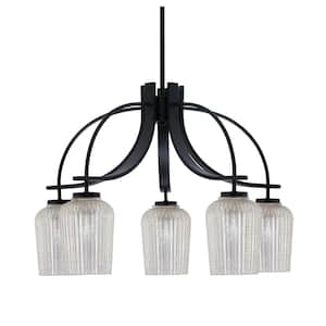 Olympia 17.75 in. 5-Light Matte Black Downlight Chandelier 75 in. Silver Textured Glass Shade