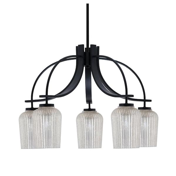 Unbranded Olympia 17.75 in. 5-Light Matte Black Downlight Chandelier 75 in. Silver Textured Glass Shade