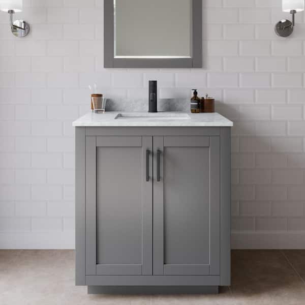 Wyndham Collection Miranda 30 in. W x 22 in. D x 33.75 in. H Single Sink Bath Vanity in Dark Gray with White Carrara Marble Top and Mirror