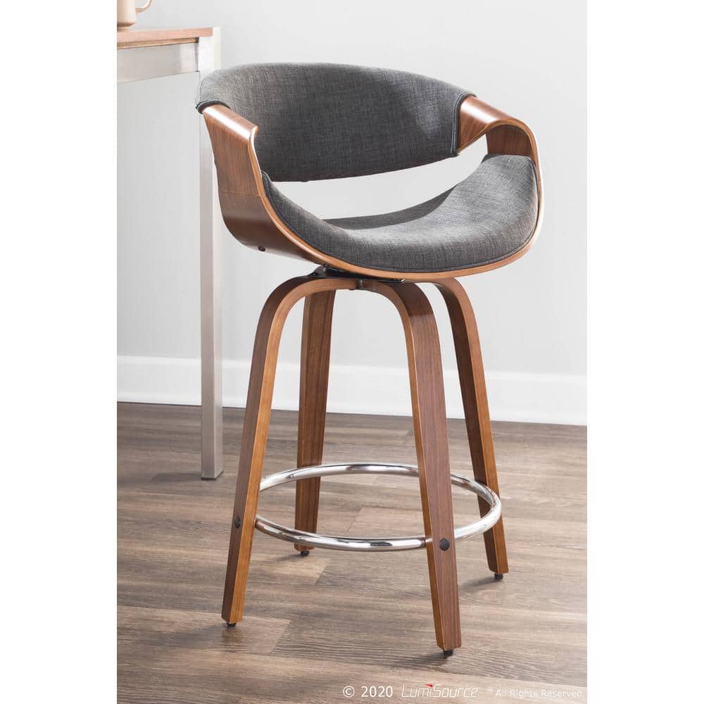 Walnut Wood and Charcoal Fabric Swivel Counter Stools