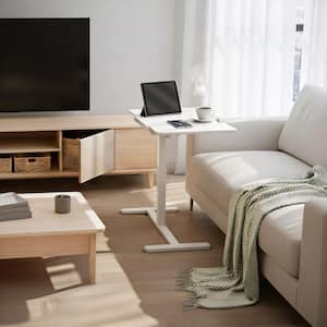 27.5'' in. Height Adjustable Bedside Laptop Cart with Tilting Desk Top, Pneumatic Lift and Hidden Wheels, White