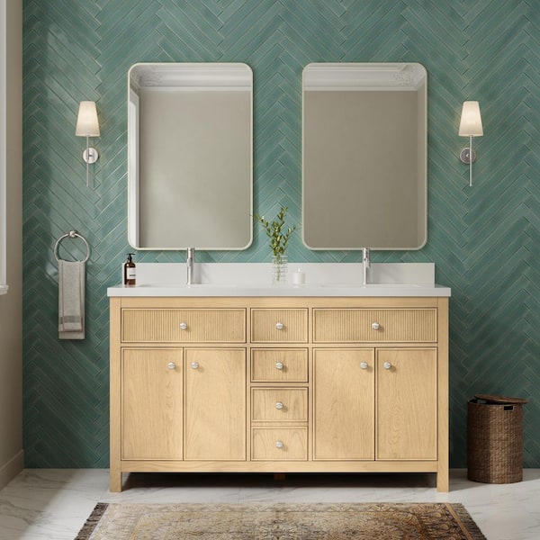 Rian 60 in. Double Freestanding Scandinavian Oak with Brushed Nickel Trim Bath Vanity with White Quartz Top
