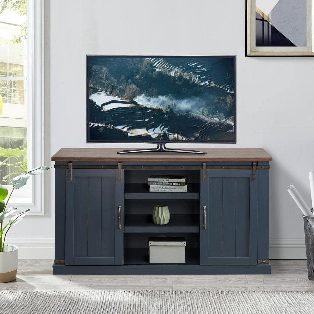 Navy 59'' Engineered Wood TV Stand with Sliding Barn Door