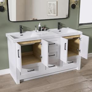 60 in. W x 22 in. D x 35 in. H Double Sink Freestanding Bath Vanity for Bathroom in White with White Marble Top & Basin