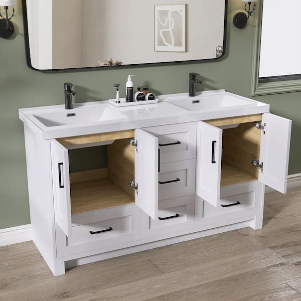 60 in. W x 22 in. D White Bath Vanity Double Basin Freestanding Solid Wood Bathroom Cabinet with White Solid Surface Top