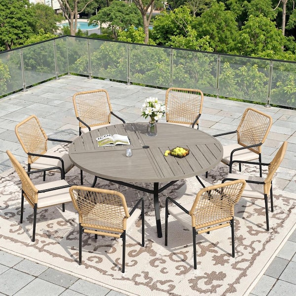 9 piece resin wicker patio dining set with umbrella Toolsempire Outdoor Set, Dining Acacia Wood Table Top, Armrest & Hole, 9 PCS Poly Rattan Dining Table Chairs Conversation Set for Outdoor and Indoor ( while the E vicllax 9-Piece Metal Outdoor Dining