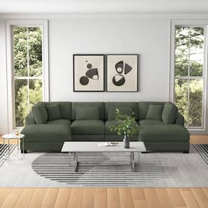 144 in. Square Arm Polyester Corduroy U-Shaped Modular Chaise Deep-Seated Oversized 6-Pieces Sectional Sofa in Green