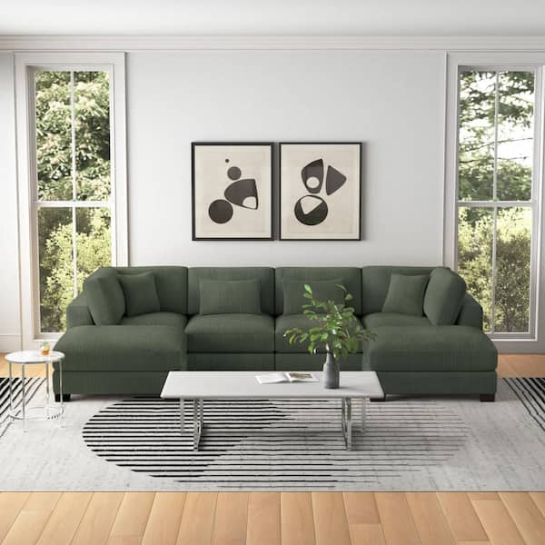 Monland 144 in. Square Arm Polyester Corduroy U-Shaped Modular Chaise Deep-Seated Oversized 6-Pieces Sectional Sofa in Green