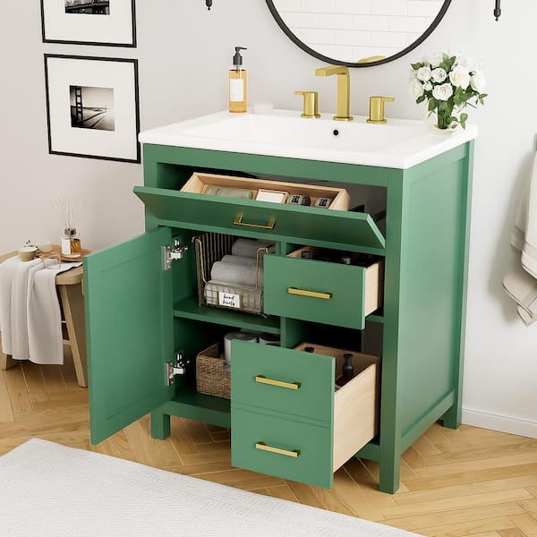 30 in. W Single Sink Freestanding Bath Vanity in Green with White Ceramic Top, Overflow Protection and Ample Storage