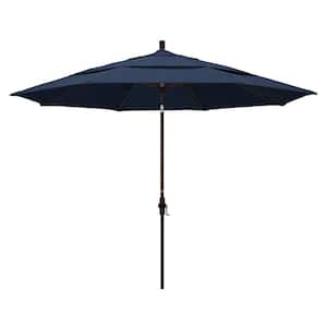 11 ft. Bronze Aluminum Pole Market Aluminum Ribs Crank Lift Outdoor Patio Umbrella in Spectrum Indigo Sunbrella