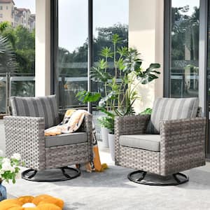 Tahoe Grey Swivel Rocking Wicker Outdoor Patio Lounge Chair with Striped Grey Cushions (2-Pack)