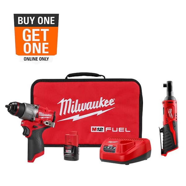 M12 FUEL 12-Volt Li-Ion Brushless Cordless 1/2 in. Hammer Drill Kit w CP 2.0Ah Battery, Charger & M12 3/8 in. Ratchet