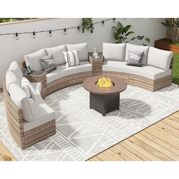 11-Piece Wicker Patio Conversation Set with Beige Cushions, Sectional Round Sofa Set