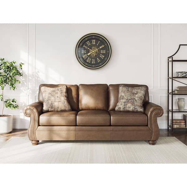 Chatterton 92 in. Rolled Arm Faux Leather Rectangle Sofa with Removable Cushions and Nailhead Trim in Light Brown