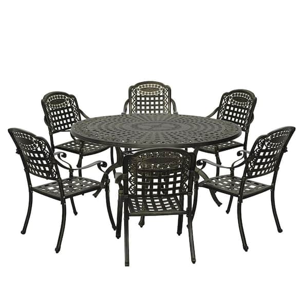 Mondawe 7-Piece Antique Bronze Cast Aluminum Patio Outdoor Dining Set with Round 59 in. Table and 6 Dining Chairs