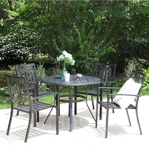 Black 5-Piece Metal Outdoor Patio Dining Set with Slat Round Table and Fashion Stackable Chairs