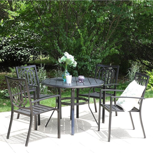 PHI VILLA Black 5-Piece Metal Outdoor Patio Dining Set with Slat Round Table and Fashion Stackable Chairs