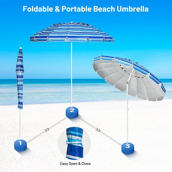 WELLFOR 8 ft. Steel Tilt Beach Umbrella with Sand Anchor in Navy