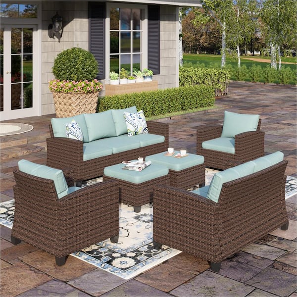 PHI VILLA Brown Rattan Wicker 9 Seat 6-Piece Steel Outdoor Patio Conversation Set with Blue Cushions and 2 Ottomans