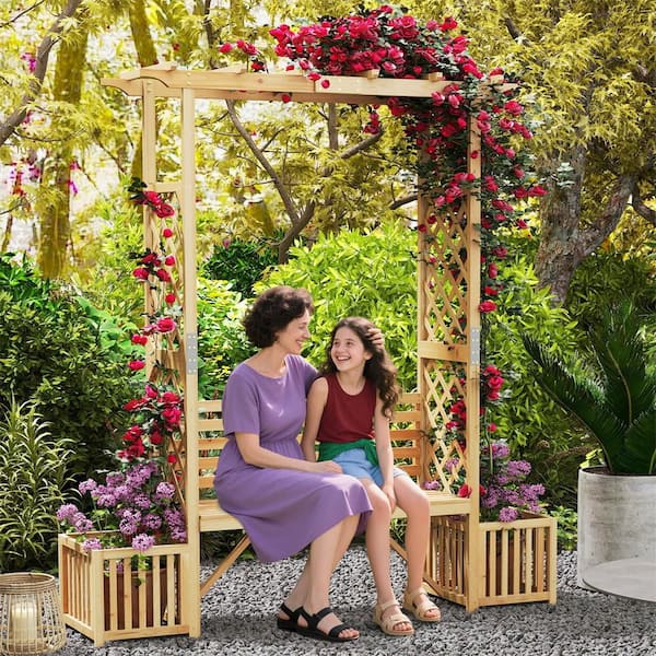 Costway Patio Garden Bench Arbor Arch with Pergola Planting Box Side  Trellis for Vines HCST08760