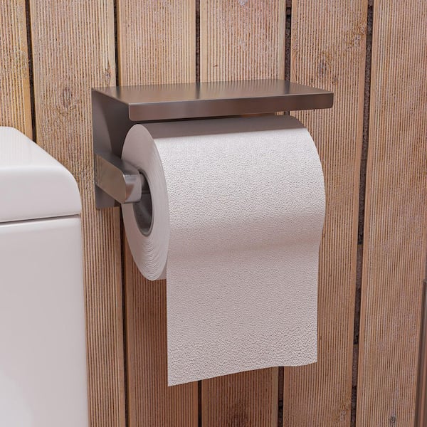 Toilet Paper Holder with Shelf in Brushed Stainless Steel