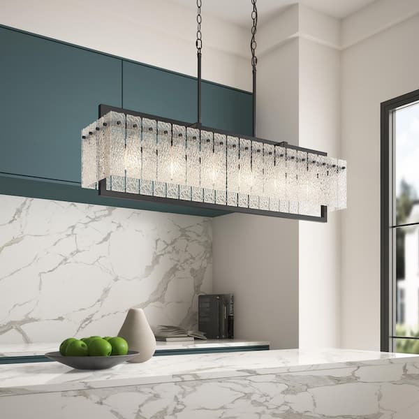 aiwen 42.13 in. 6-Light Modern Large Rectangle Black Chandeliers Industrial Linear Pendant Light with Water Ripple Glass Shade