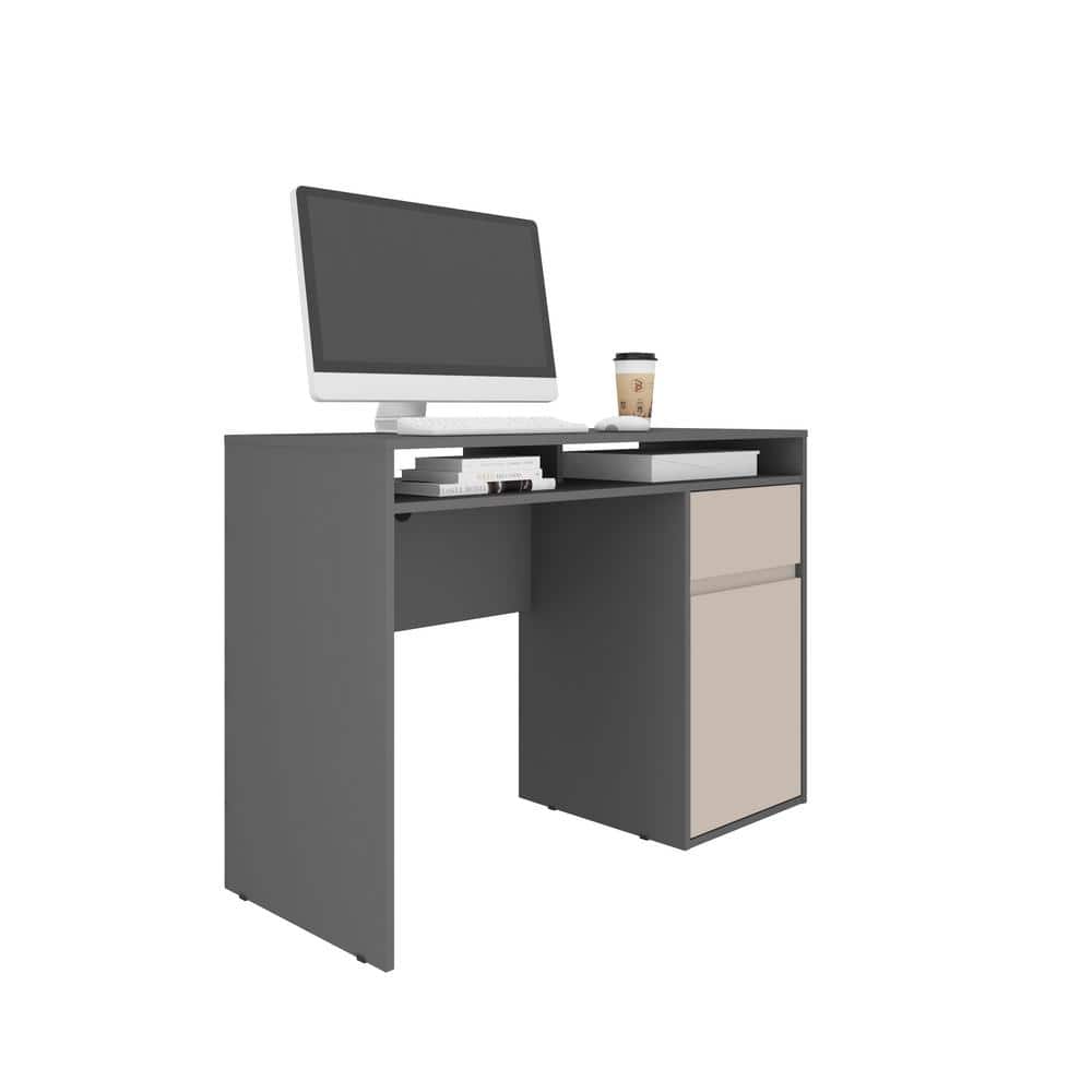 Gray Corner Wood Desk with Drawer and Shelves