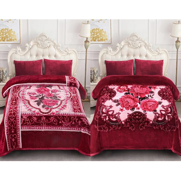 Burgundy Rose Polyester 83 in. x 91 in. Reversible Printed Fleece Mink Warm Thick Winter Blanket