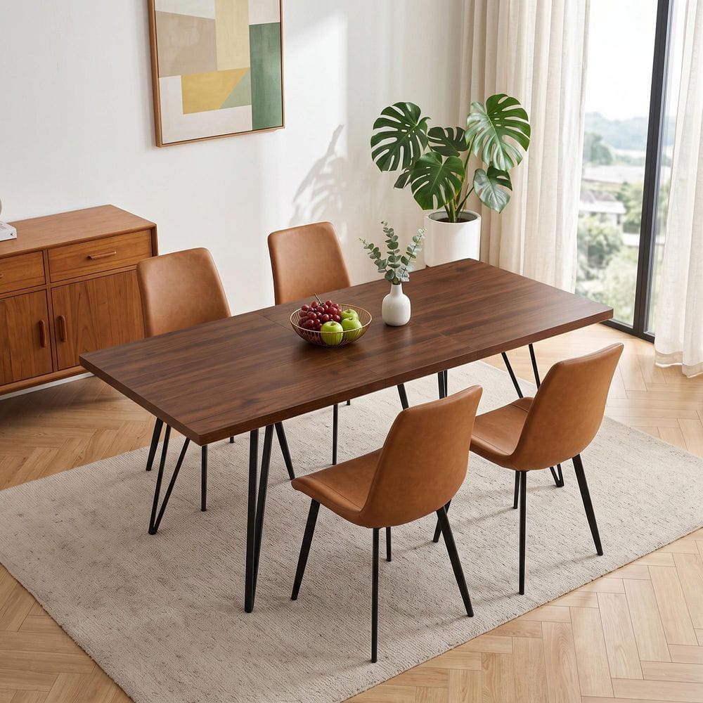 5-Piece Set Brown Chairs and Walnut Rectangular Dining Table, Dining Table Set, Dining Room Set with 4 Chairs